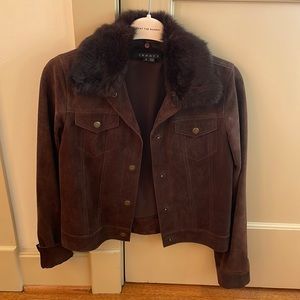 Theory brown suede jacket with fur collar